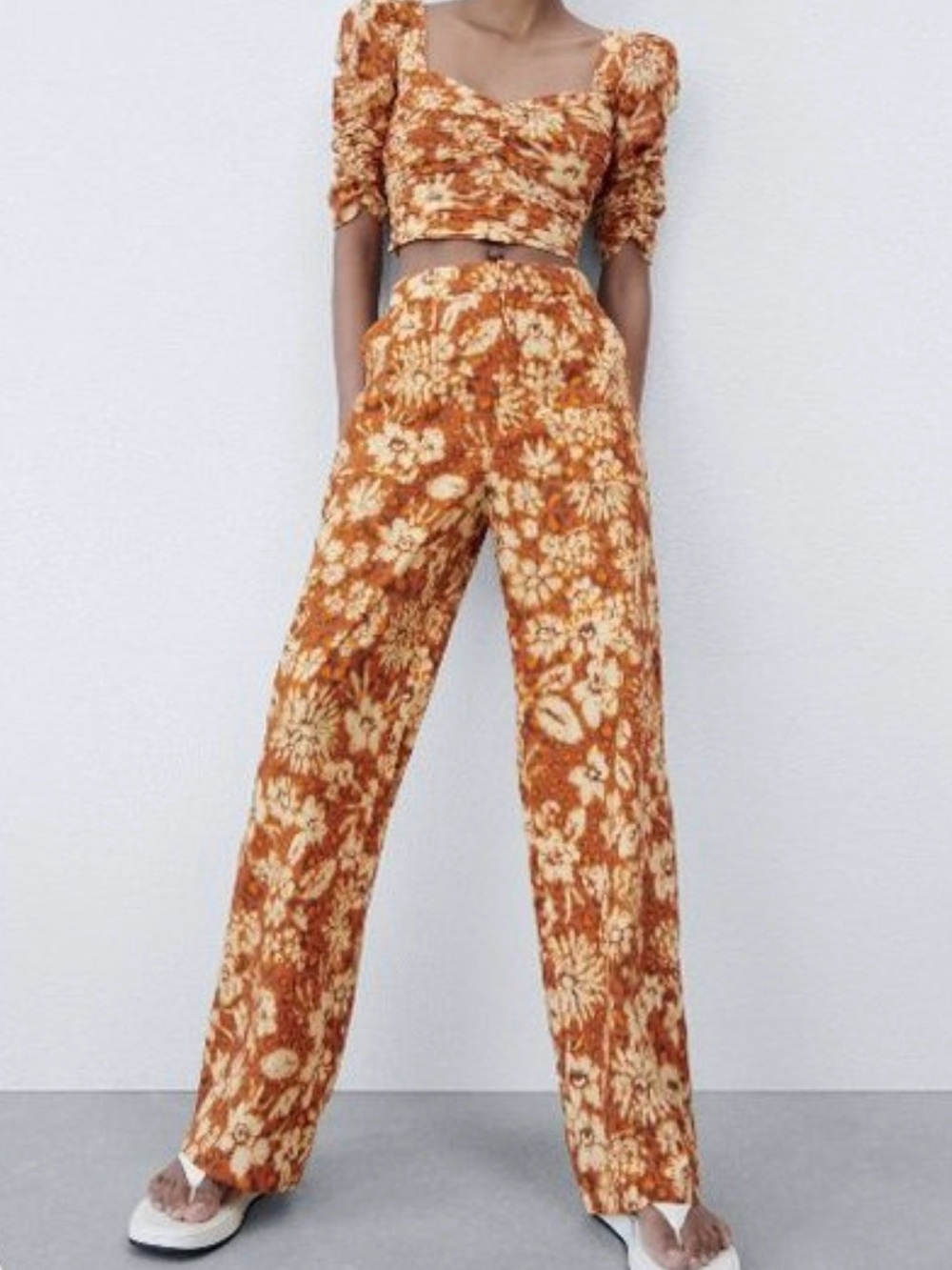 Zara Linen Cotton Floral Wide Leg Pants. Size XL. NWOT